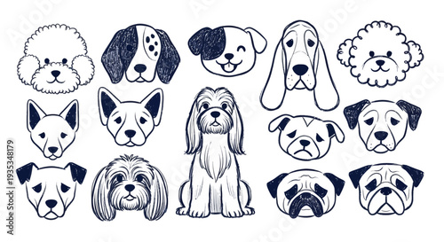 Collection of various dog breeds illustrated in a simple black and white style
