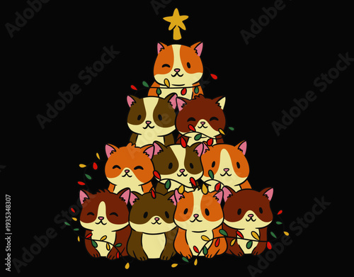 Cute Hamster With Christmas Tree Illustration - printable editable vector art file.