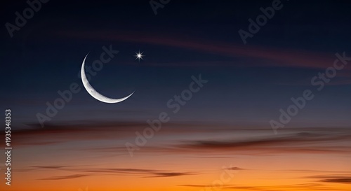 A crescent moon dominates the dark night sky, illuminated by a bright star.