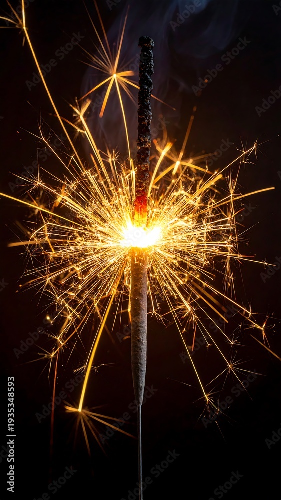 Fototapeta premium Close-up of a lit sparkler emitting bright, golden sparks against black