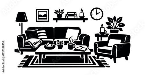 Living room interior showing comfortable furniture and decor creating a cozy, hygge atmosphere for relaxation and domestic life