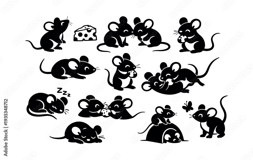 Fototapeta premium Series of cartoon mouse silhouettes capturing a range of playful and endearing activities, showcasing unique emotions and behaviors