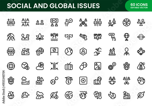 Social and Global Issues icon set. Social and Global Issues simple outline icons highlighting social impact environmental care and international collaboration.