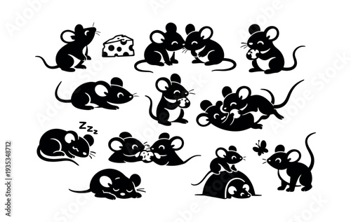 Series of cartoon mouse silhouettes capturing a range of playful and endearing activities, showcasing unique emotions and behaviors