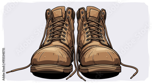 A pair of brown boots with laces, viewed from the front, on a plain background