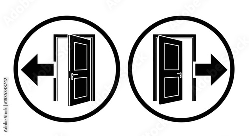 Opening and closing doors illustrated in circular icons with directional arrows