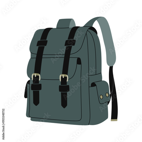 Travel and camping backpack. Grey leather touristic haversack for hiking. Hand drawn vector illustration isolated on white background, flat cartoon style.