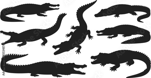 Crocodile and alligator silhouette set isolated on white background, wild reptile predator collection flat vector illustration for wildlife design