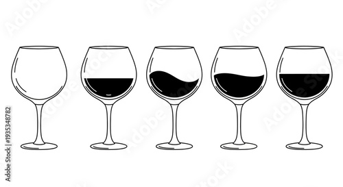 Illustration of wine glasses with varying levels of red wine from empty to full, depicted in a line