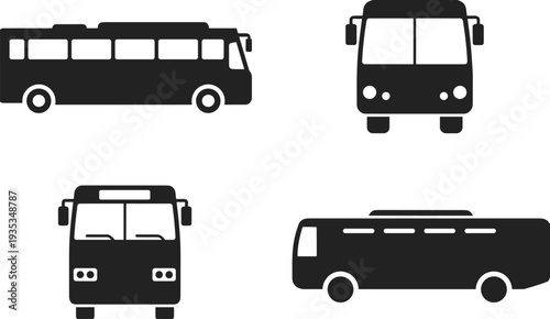 Bus silhouettes set public transport vehicles icons city passenger buses front and side view vector isolated collection