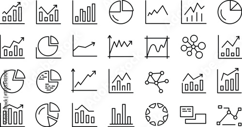 Business analytics and data chart icons set with graphs statistics diagrams and reports isolated on white background vector line collection