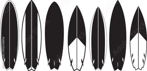Collection of black and white surfboard designs and shapes