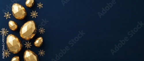 Golden Easter eggs and star ornaments on dark blue background, luxury celebration, festive holiday concept, elegant design with copy space