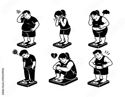 Overweight people experiencing negative emotions on a scale. Conceptualizing body image, weight gain, eating disorders, and depression