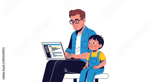 Vector illustration of a man and a child using a laptop