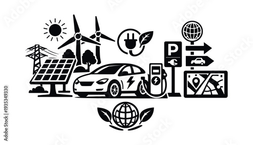 Electric car charging at a station powered by solar and wind energy, highlighting eco-friendly transportation and global sustainability