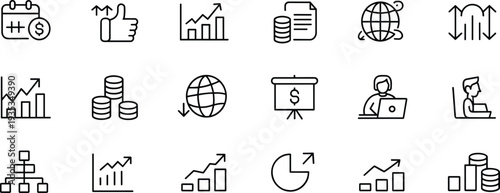 Business finance analytics line icon set featuring growth charts, global market, investment, presentation, data report and management symbols