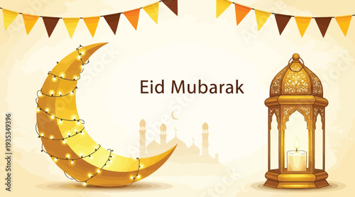 Eid mubarak greeting card with golden crescent moon lantern and flags on festive background