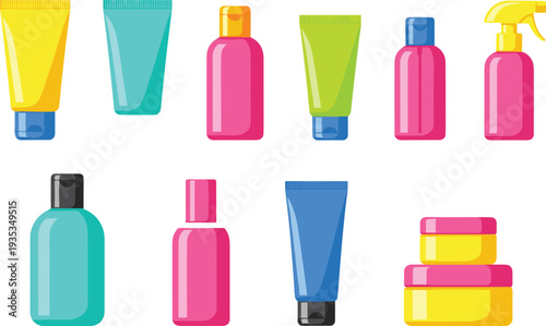 Set of colorful cosmetic bottles and tubes for skin care and beauty products, flat vector illustration