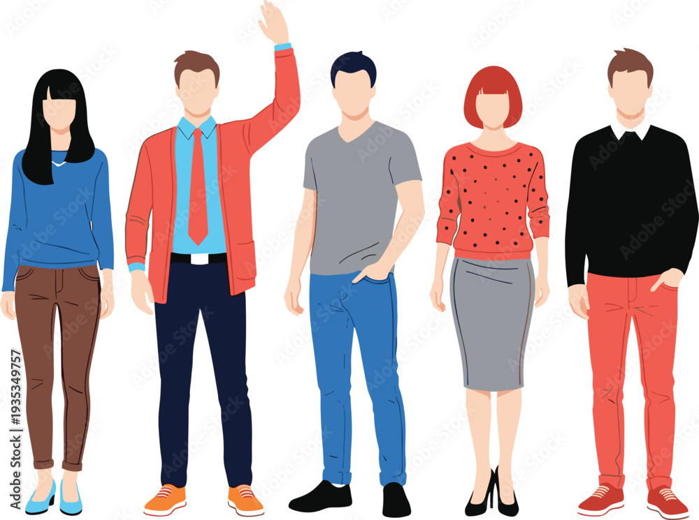 Obraz premium Set of diverse young people in stylish casual outfits standing together, fashion illustration collection