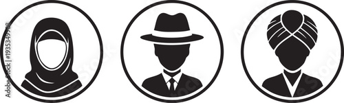 Three black and white of people wearing different headwear hijab turban