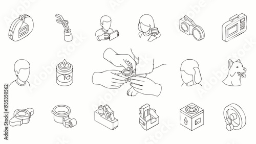 Modern isometric line art icons collection featuring pet care, technology, home items, and user profiles. Ideal for web design, apps, and infographics.