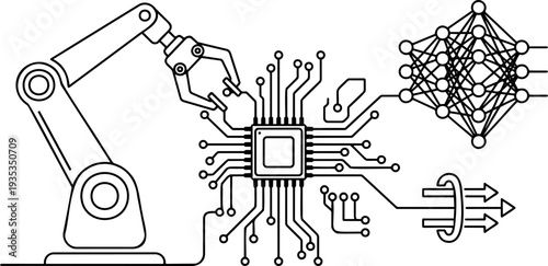 Outline illustration of a robotic arm assembling a microchip and artificial intelligence neural network