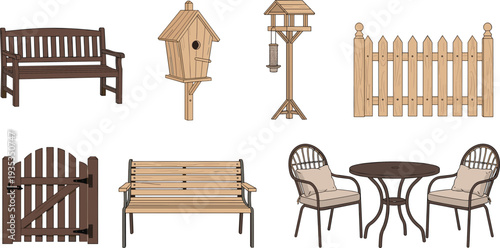 Collection of wooden garden furniture including benches chairs table birdhouse bird feeder and picket fence gate isolated on white background for outdoor landscaping
