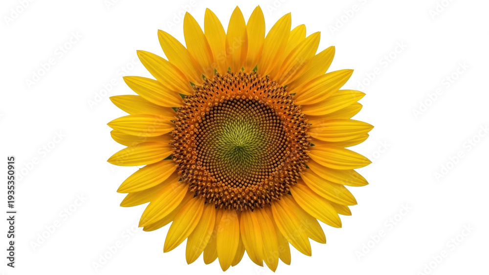 Fototapeta premium Isolated single sunflower bloom, yellow petals and patterned center, natural floral beauty