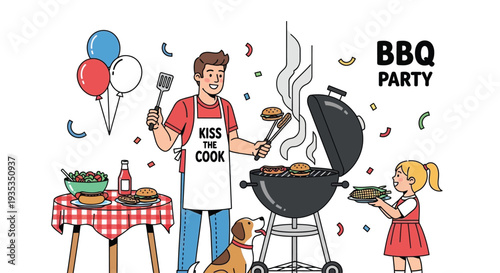 Vector illustration of a man and a girl at a BBQ party