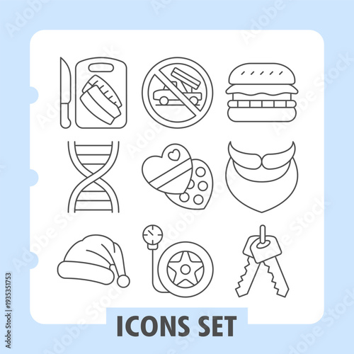 Set of nine thin line icons presenting cooking, science, transport and holiday joy concepts on white background. Ideal for web, digital projects and print media.