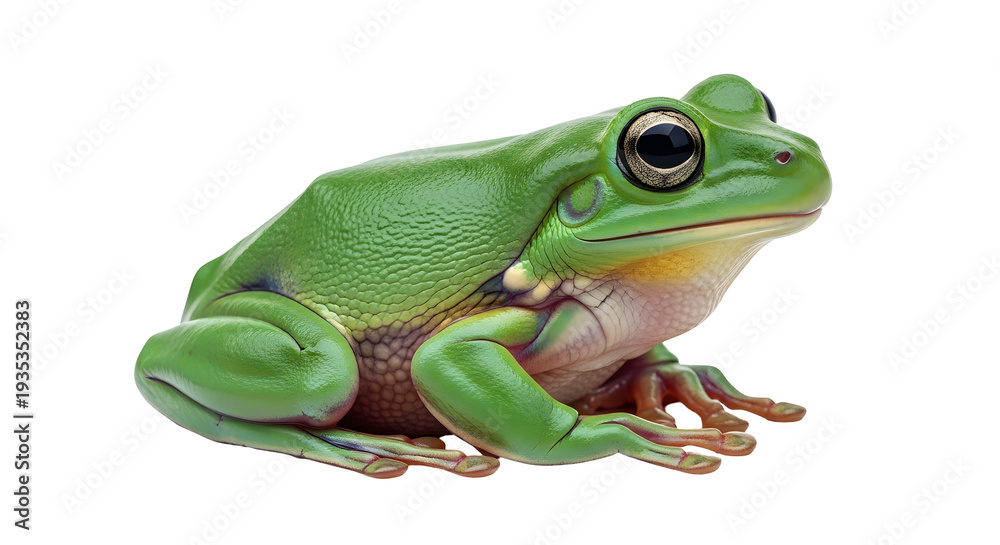 Fototapeta premium A plump, vibrant green tree frog with large, golden eyes sits on black.