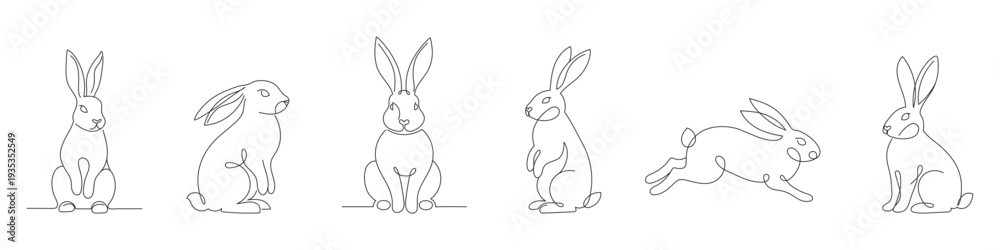 Fototapeta premium Set continuous one line drawing of Easter bunny fluffy rabbit. Isolated on white background vector illustration.Editable line