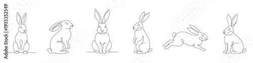 Set continuous one line drawing of Easter bunny fluffy rabbit. Isolated on white background vector illustration.Editable line