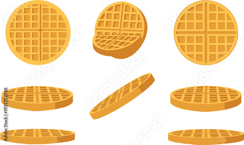Waffle set in multiple angles and styles isolated on white background for breakfast menu, bakery design, dessert illustration, and food packaging concepts