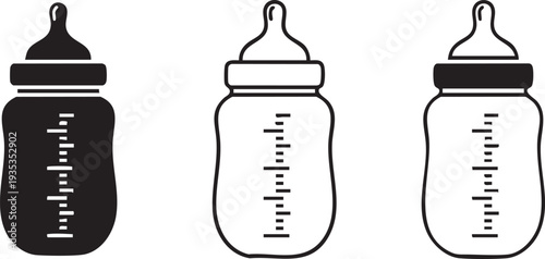 Three isolated baby bottles in black and white line simple symbols