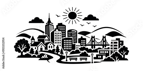 Dynamic urban and natural landscape featuring city architecture, green parkland, suburban homes, a long bridge, and distant hills