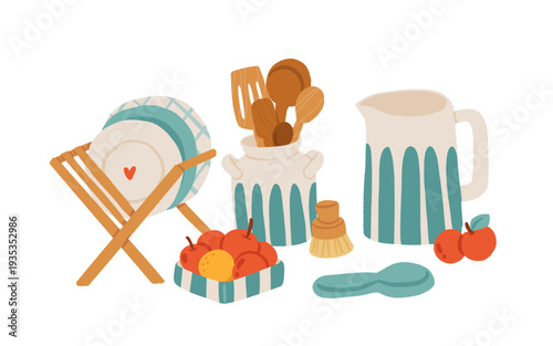 Eco Kitchen Utensils Set. Wooden Spoons, Ceramic Pitcher, Dish Rack, Scrub Brush, Apple Fruit Bowl, Plate. Cozy Home Collection Hand Drawn Vector