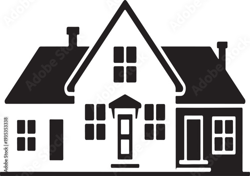 Suburban family house icon vector illustration, residential home building with windows and door silhouette, real estate property symbol isolated on white background, simple architecture dwelling graph