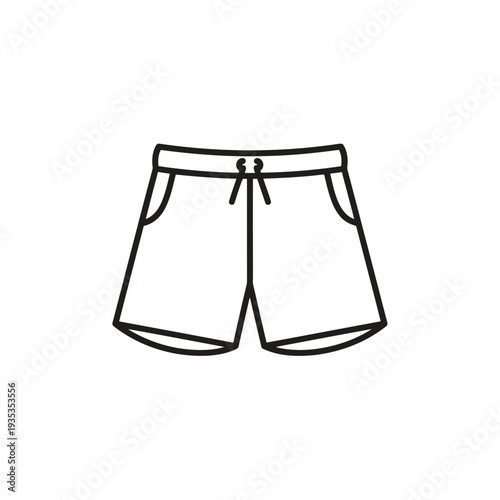 Simple illustration of athletic shorts with drawstring waistband and side pockets shown from front