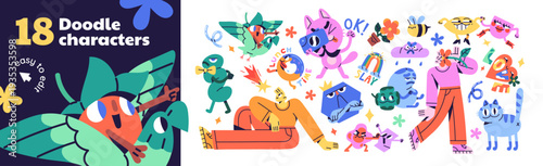 Set of abstract doodle characters. Cute and funny people, flowers, animals and emoticons with happy and sad faces. Various emotions and gestures. Flat isolated vector illustrations on white background