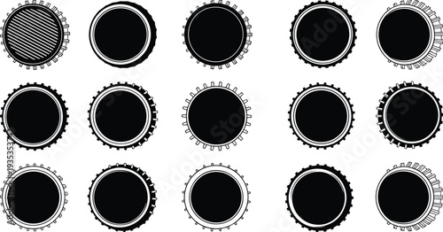 Gear circle badges silhouettes collection with industrial cog frames and mechanical rings isolated on white background vector design set