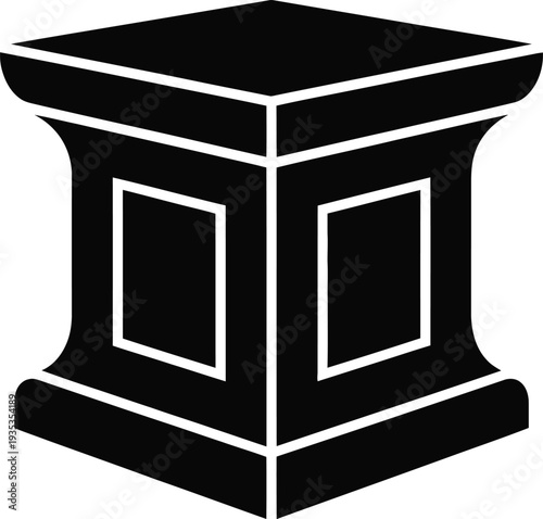 Black silhouette of a square pedestal with curved sides and decorative panels base stand