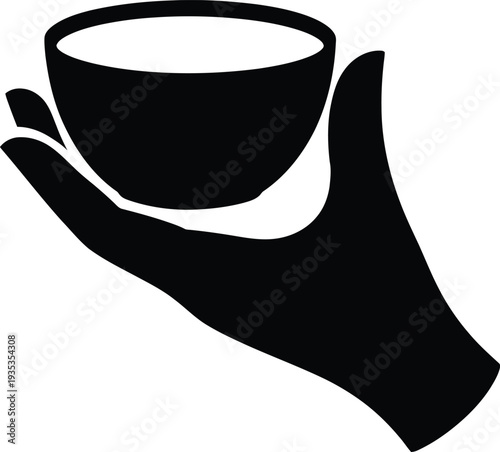 Black Silhouette Of Hand Holding A Bowl With Liquid On White drink