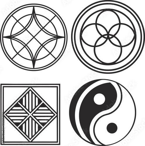 Sacred geometry symbols set including yin yang and flower of life