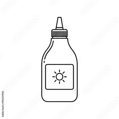 Simple line drawing of a squeeze bottle with sun icon on label viewed from front