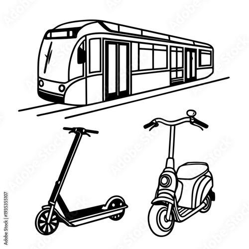 A drawing of a train and two types of scooters