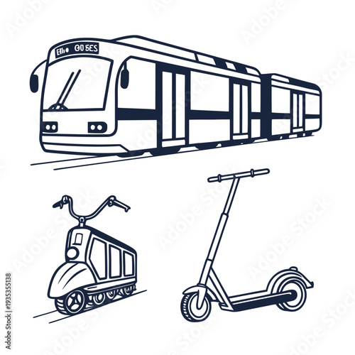 A drawing of a train and two types of scooters