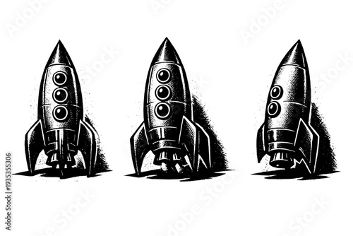Three retro rocket ships in a row, black and white illustration with textured shading