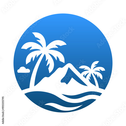 Logo agencia de viajes. Vacaciones de verano. Dibujo sencillo con siluetas de un paisaje con la palma, isla con montaña y olas de mar en círculo